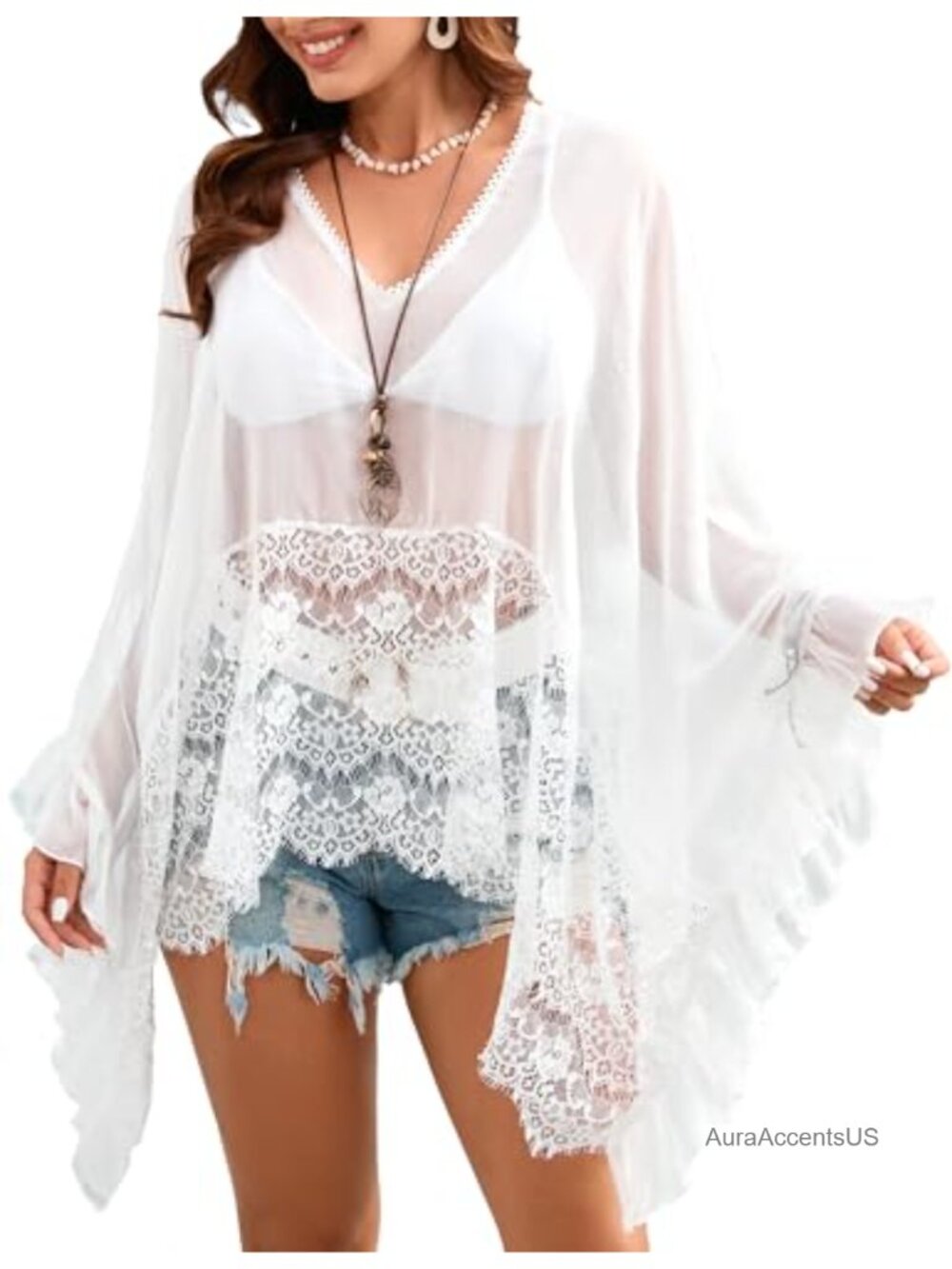 Women's Sheer Lace Poncho Cover Up V-Neck Batwing Sleeves Shrug